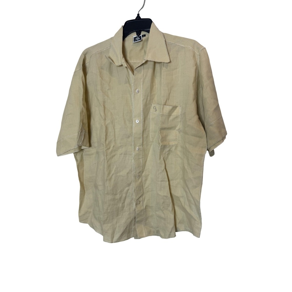 Charagh Din‎ Shirt Mens Large Beige Silk Short Sleeve Button Up Casual Top